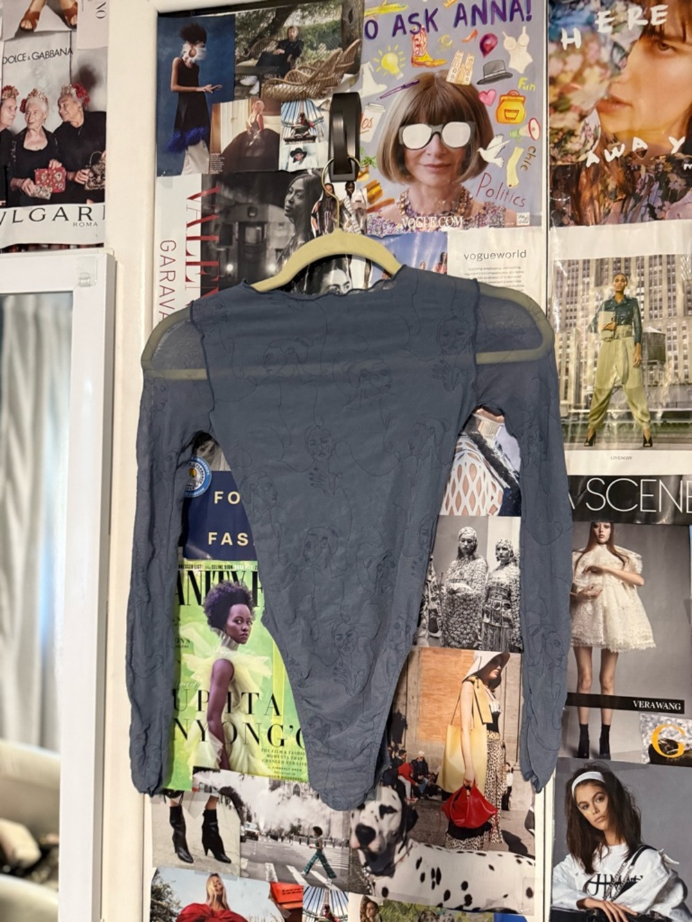 Maniere De Voir Slate Blue Long-Sleeve Mesh Bodysuit